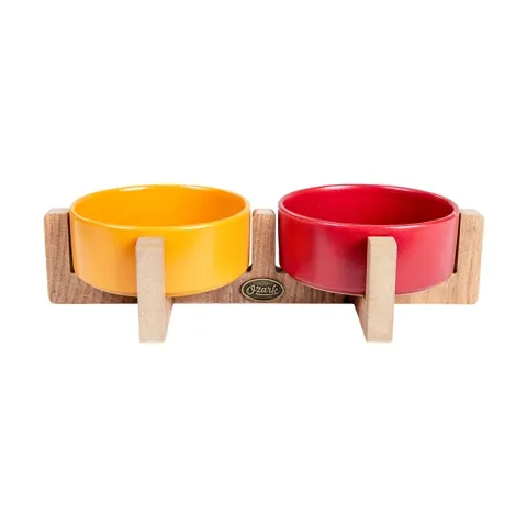 Ozark Ahşap Tabanlı Seramik Kedi-Köpek Mama ve Su Kabı 2'li Hardal Kırmızı 19,5x37,2 cm