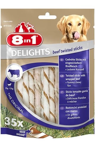 8 in 1 Delights Beef Twisted Sticks Sığır Etli Sarılı Köpek Çiğneme Çubukları 35’li