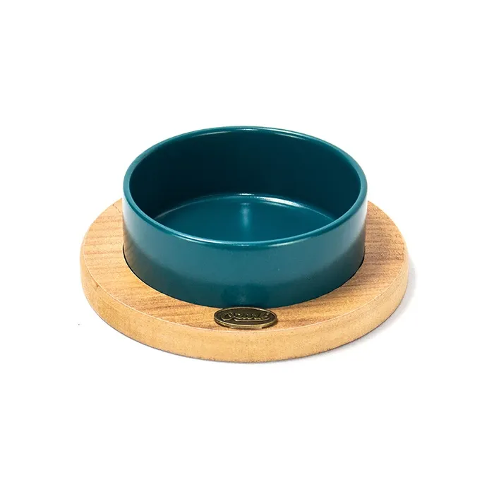 Ozark Ahşap Oval Tabanlı Seramik Kedi-Köpek Mama ve Su Kabı Petrol Mavisi 19,5 cm 400ml