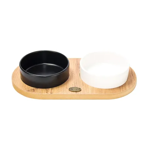 Ozark Ahşap Oval Tabanlı Seramik Kedi-Köpek Mama ve Su Kabı 2'li Siyah Beyaz 19,5x37,2 cm