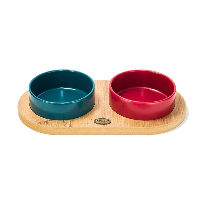 Ozark Ahşap Oval Tabanlı Seramik Kedi-Köpek Mama ve Su Kabı 2'li Petrol Mavisi Kırmızı 19,5x37,2 cm