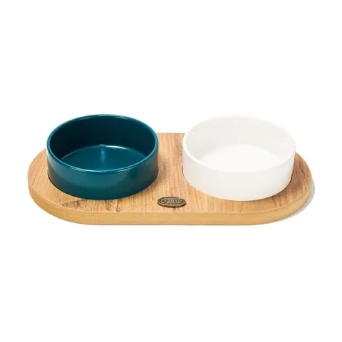 Ozark Ahşap Oval Tabanlı Seramik Kedi-Köpek Mama ve Su Kabı 2'li Beyaz Petrol Mavisi 19,5x37,2 cm