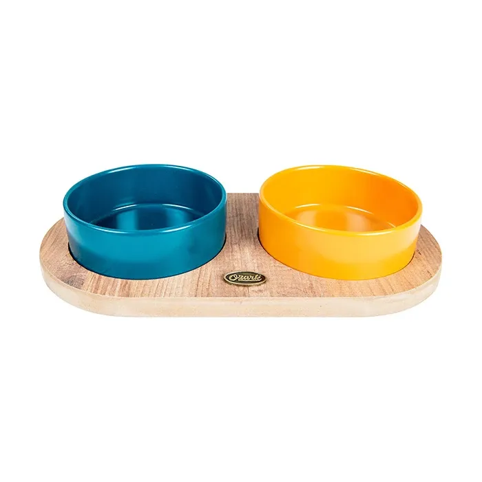 Ozark Ahşap Oval Tabanlı Seramik Kedi-Köpek Mama ve Su Kabı 2'li Petrol Mavisi Hardal ve 19,5x37,2 cm