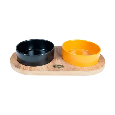 Ozark Ahşap Oval Tabanlı Seramik Kedi-Köpek Mama ve Su Kabı 2'liı Siyah Hardal ve 19,5x37,2 cm