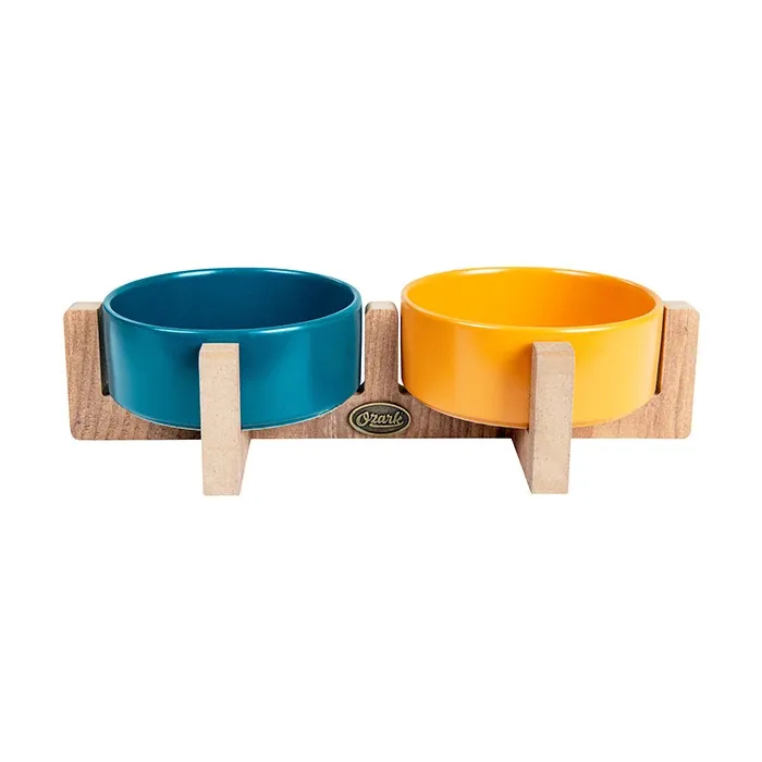 Ozark Ahşap Tabanlı Seramik Kedi-Köpek Mama ve Su Kabı 2'li Hardal Petrol Mavisi 19,5x37,2 cm