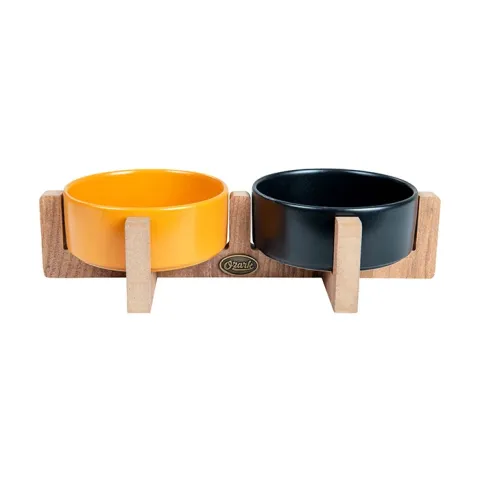 Ozark Ahşap Tabanlı Seramik Kedi-Köpek Mama ve Su Kabı 2'li Hardal Siyah 19,5x37,2 cm