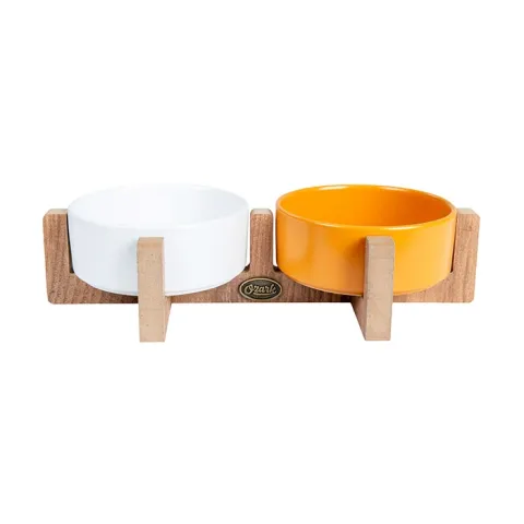 Ozark Ahşap Tabanlı Seramik Kedi-Köpek Mama ve Su Kabı 2'li Hardal Beyaz 19,5x37,2 cm
