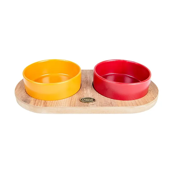 Ozark Ahşap Oval Tabanlı Seramik Kedi-Köpek Mama ve Su Kabı 2'liı Hardal Kırmızı ve 19,5x37,2 cm