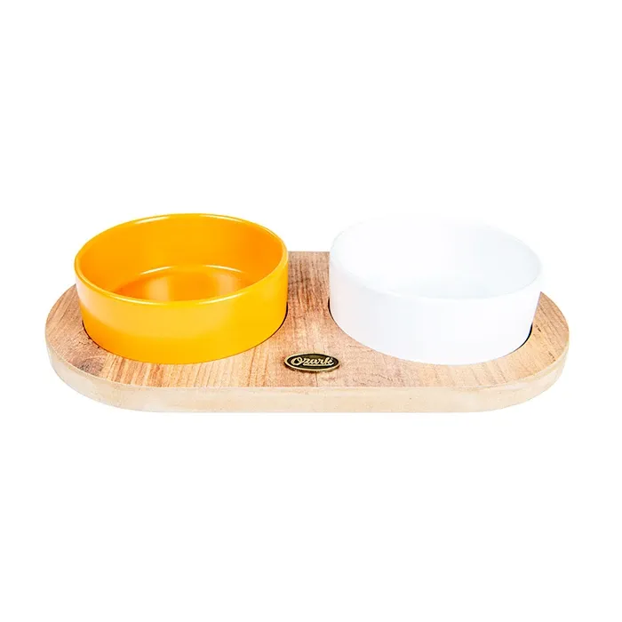 Ozark Ahşap Oval Tabanlı Seramik Kedi-Köpek Mama ve Su Kabı 2'li Hardal Beyaz 19,5x37,2 cm